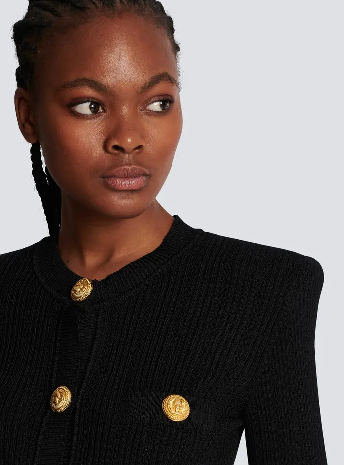 Balmain Knitwear Women Cropped Ecodesigned Knit Cardigan With Goldtone Buttons Black