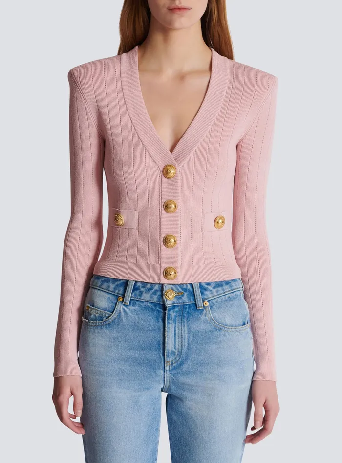 Balmain Knitwear Women Cropped Knit Cardigan Pink