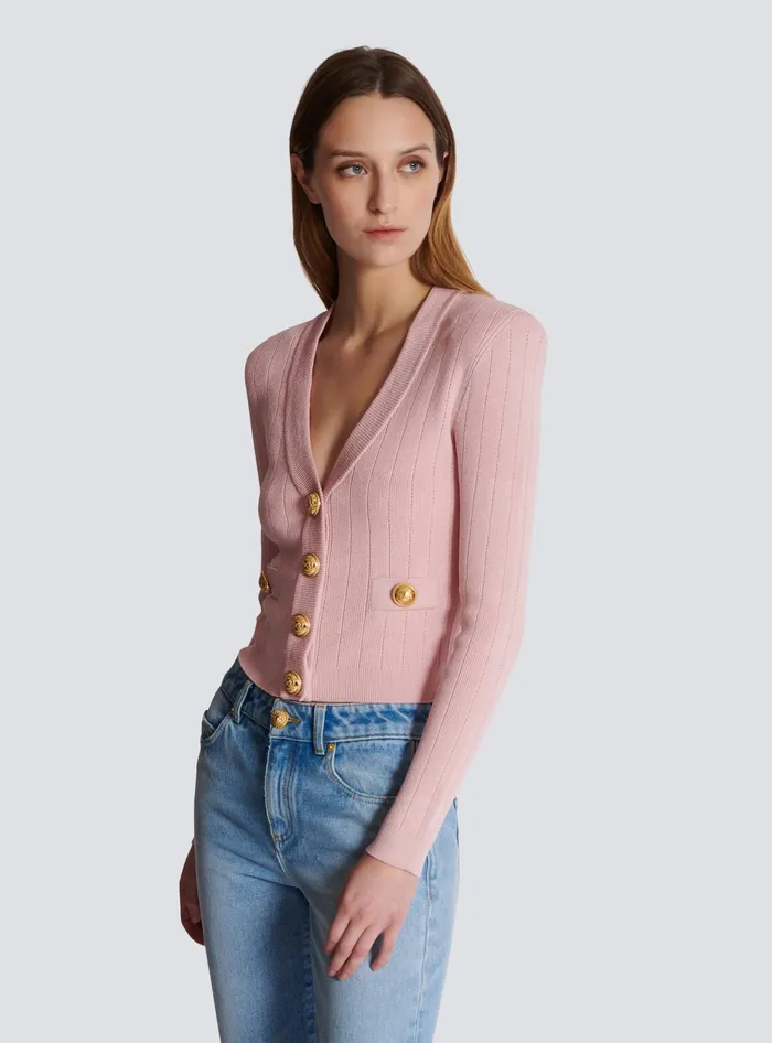 Balmain Knitwear Women Cropped Knit Cardigan Pink