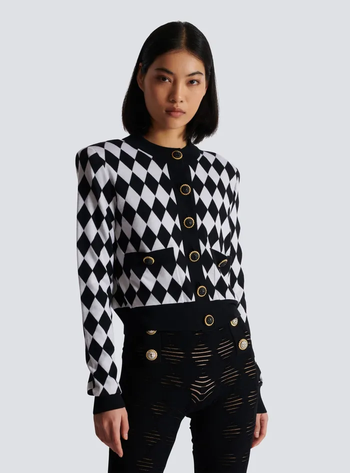 Balmain Knitwear Women Diamond Knit Cardigan Black