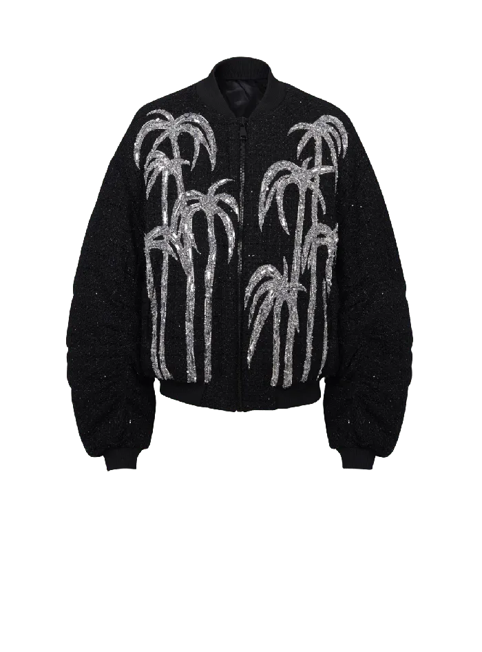 Balmain Outerwear Men Tweed Bomber Jacket With Palm Tree Embroidery Black
