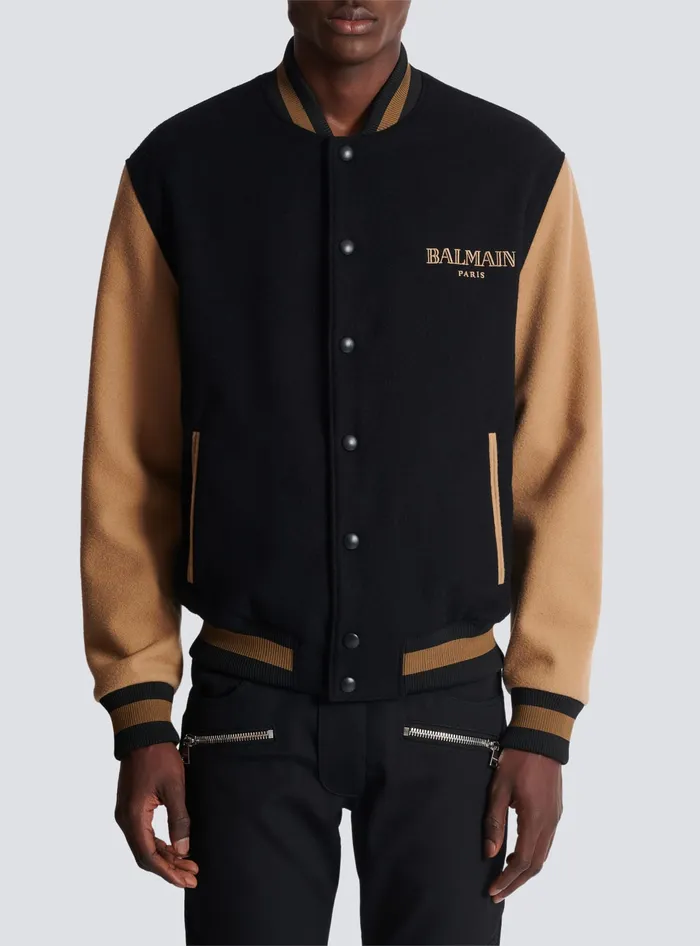 Balmain Outerwear Men Twotone Wool And Cashmere Varsity Jacket Black