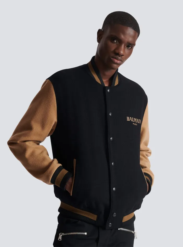Balmain Outerwear Men Twotone Wool And Cashmere Varsity Jacket Black