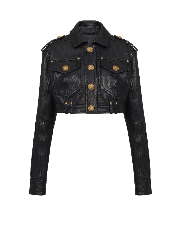 Balmain Outerwear Women Topstitched Cropped Leather Jacket Black