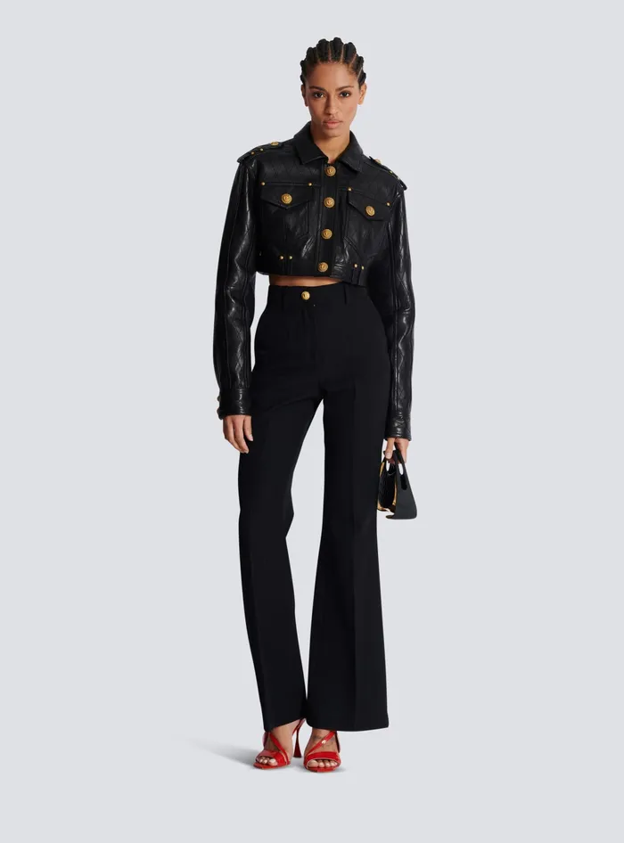 Balmain Outerwear Women Topstitched Cropped Leather Jacket Black
