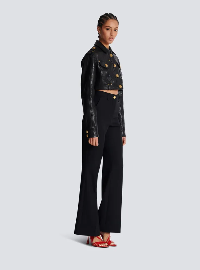 Balmain Outerwear Women Topstitched Cropped Leather Jacket Black