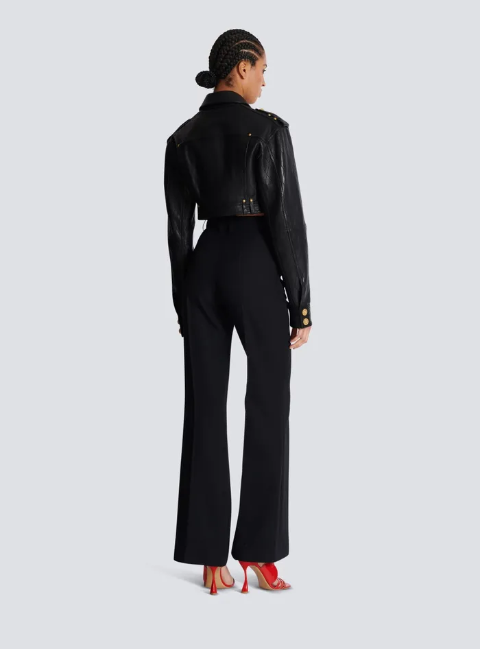 Balmain Outerwear Women Topstitched Cropped Leather Jacket Black