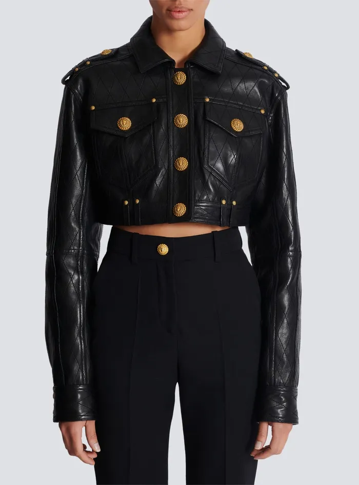 Balmain Outerwear Women Topstitched Cropped Leather Jacket Black