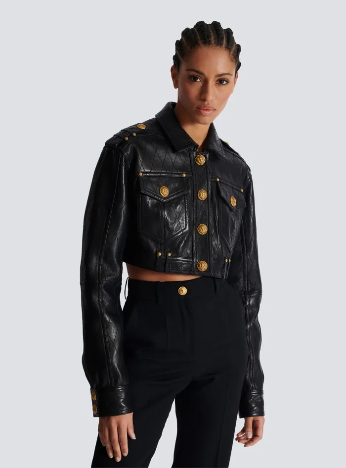 Balmain Outerwear Women Topstitched Cropped Leather Jacket Black