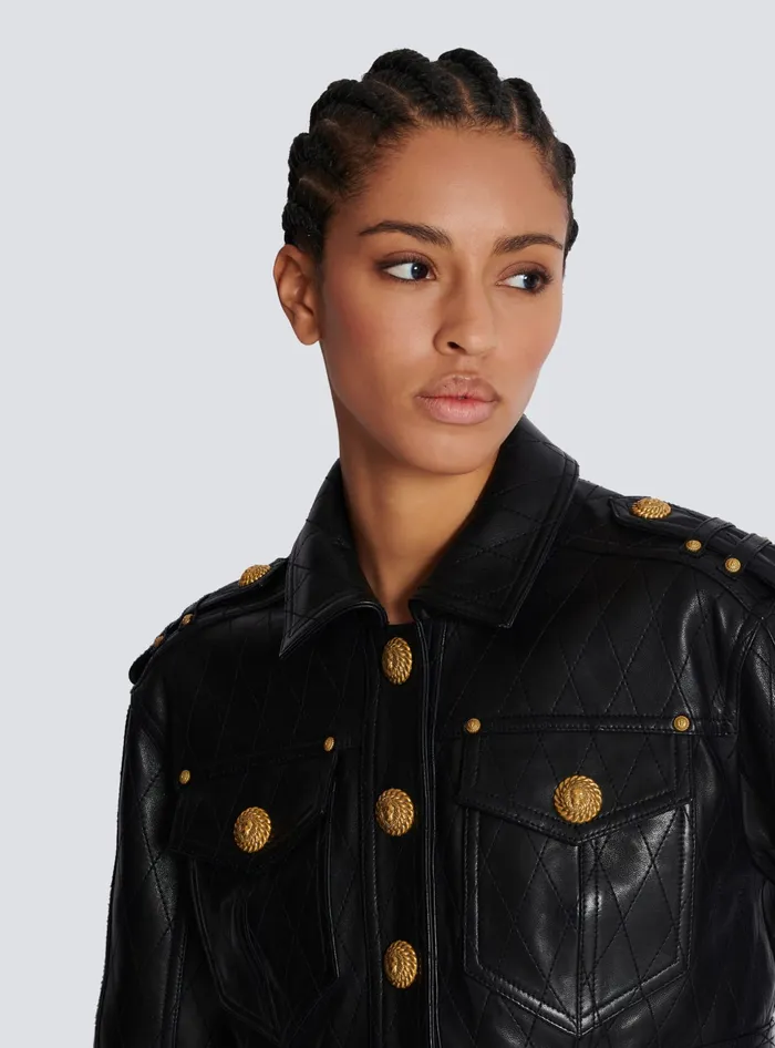 Balmain Outerwear Women Topstitched Cropped Leather Jacket Black