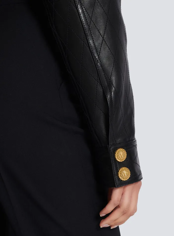 Balmain Outerwear Women Topstitched Cropped Leather Jacket Black