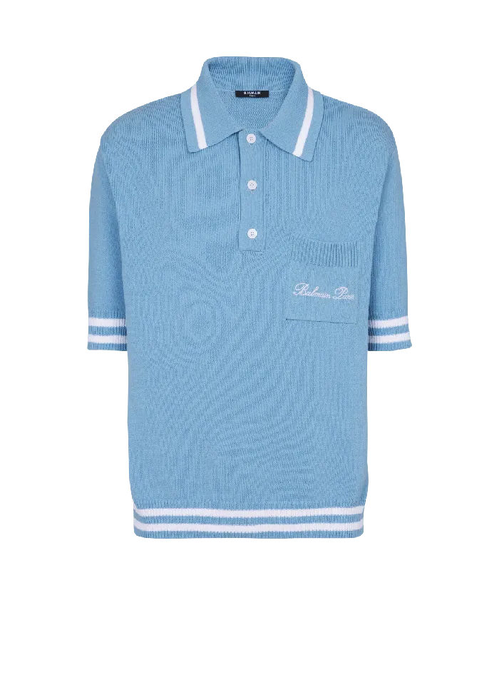 Balmain Shirts And Polos Men Wool Polo Shirt With Signature Embroidery Blue