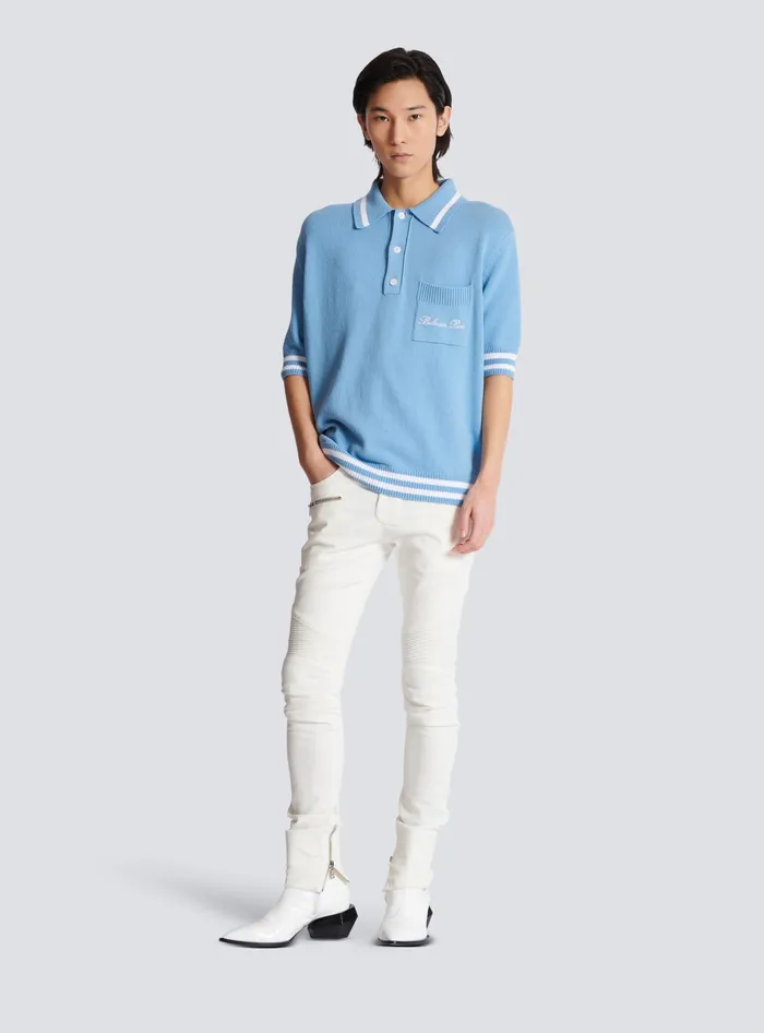 Balmain Shirts And Polos Men Wool Polo Shirt With Signature Embroidery Blue