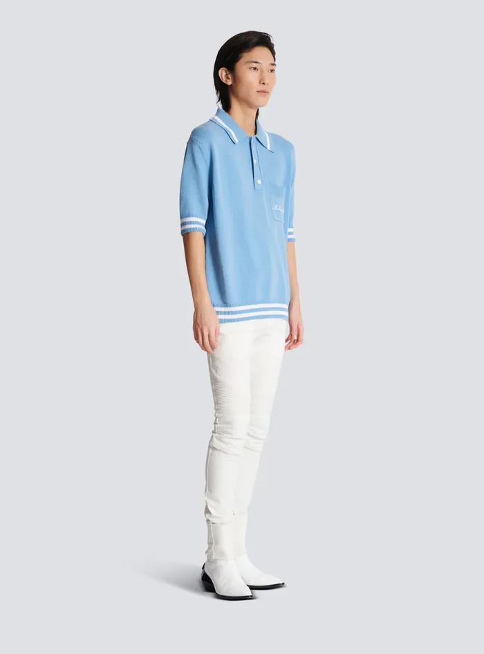 Balmain Shirts And Polos Men Wool Polo Shirt With Signature Embroidery Blue