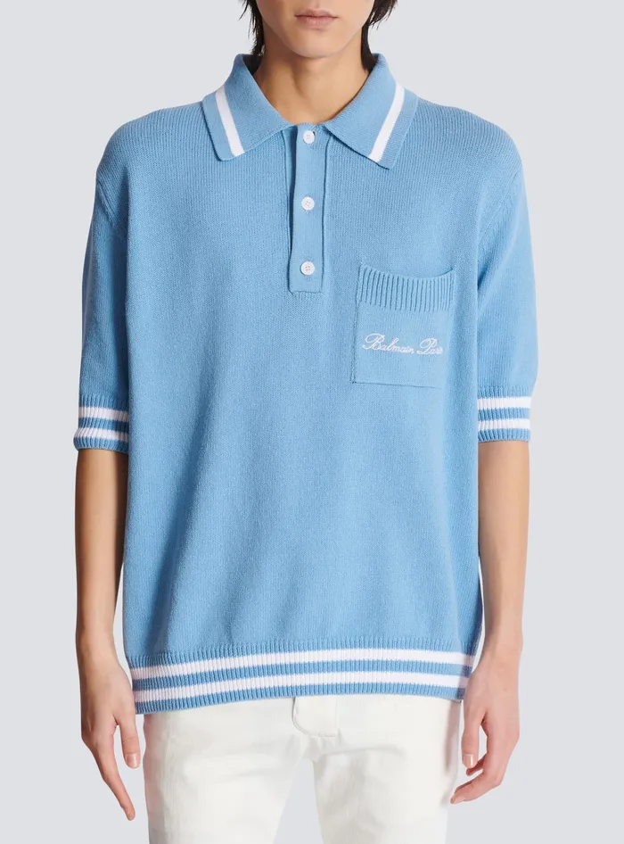 Balmain Shirts And Polos Men Wool Polo Shirt With Signature Embroidery Blue