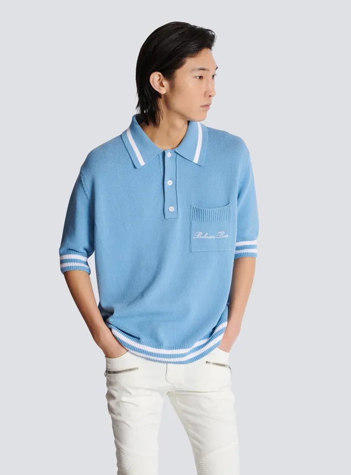 Balmain Shirts And Polos Men Wool Polo Shirt With Signature Embroidery Blue