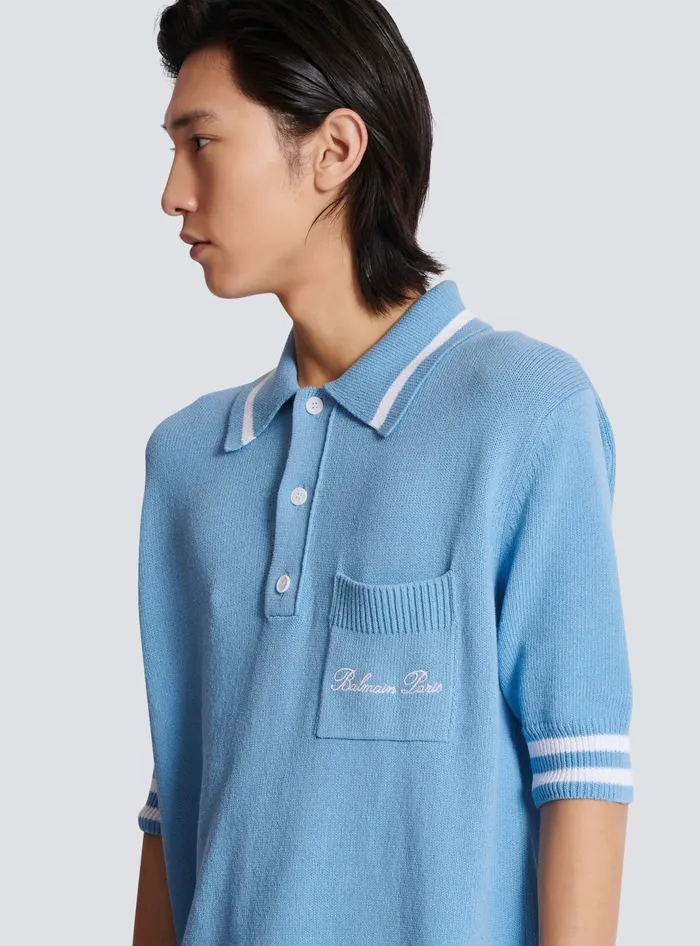 Balmain Shirts And Polos Men Wool Polo Shirt With Signature Embroidery Blue