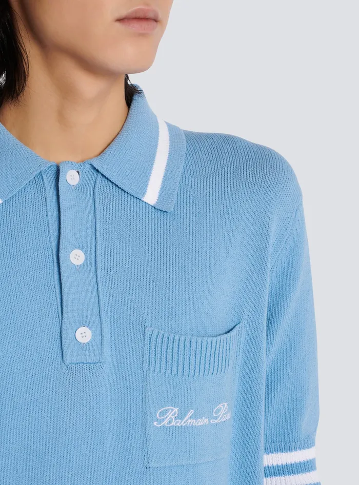 Balmain Shirts And Polos Men Wool Polo Shirt With Signature Embroidery Blue