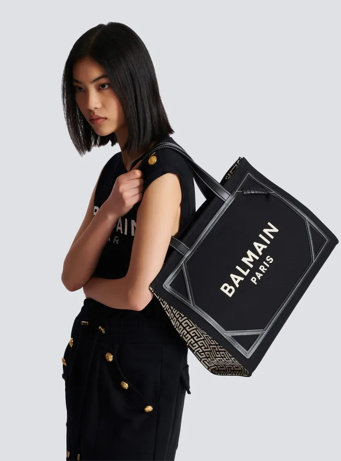 Balmain Shoulder Bags Women BArmy 42 Monogram Canvas And Leather Tote Bag Black