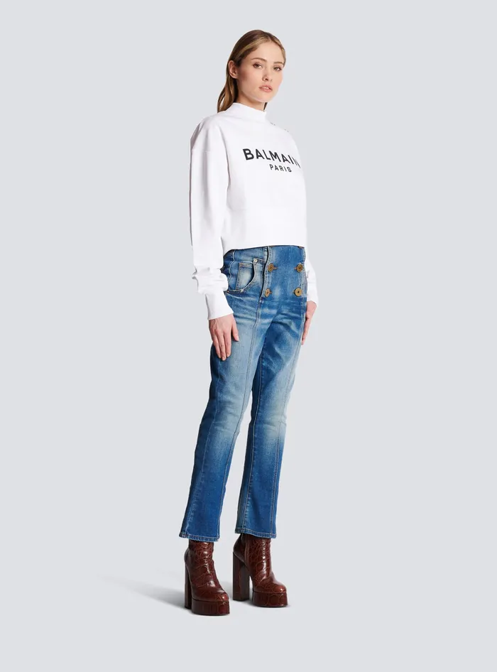 Balmain Sweatshirts Women Cropped Sweatshirt With Paris Print White