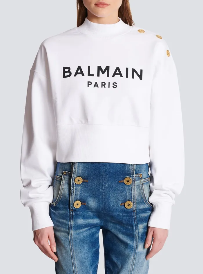 Balmain Sweatshirts Women Cropped Sweatshirt With Paris Print White
