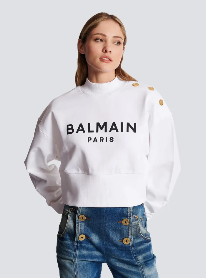 Balmain Sweatshirts Women Cropped Sweatshirt With Paris Print White