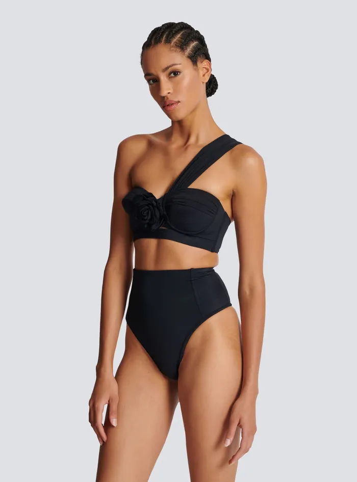 Balmain Swimwear Women Asymmetric Twopiece Swimming Costume Black