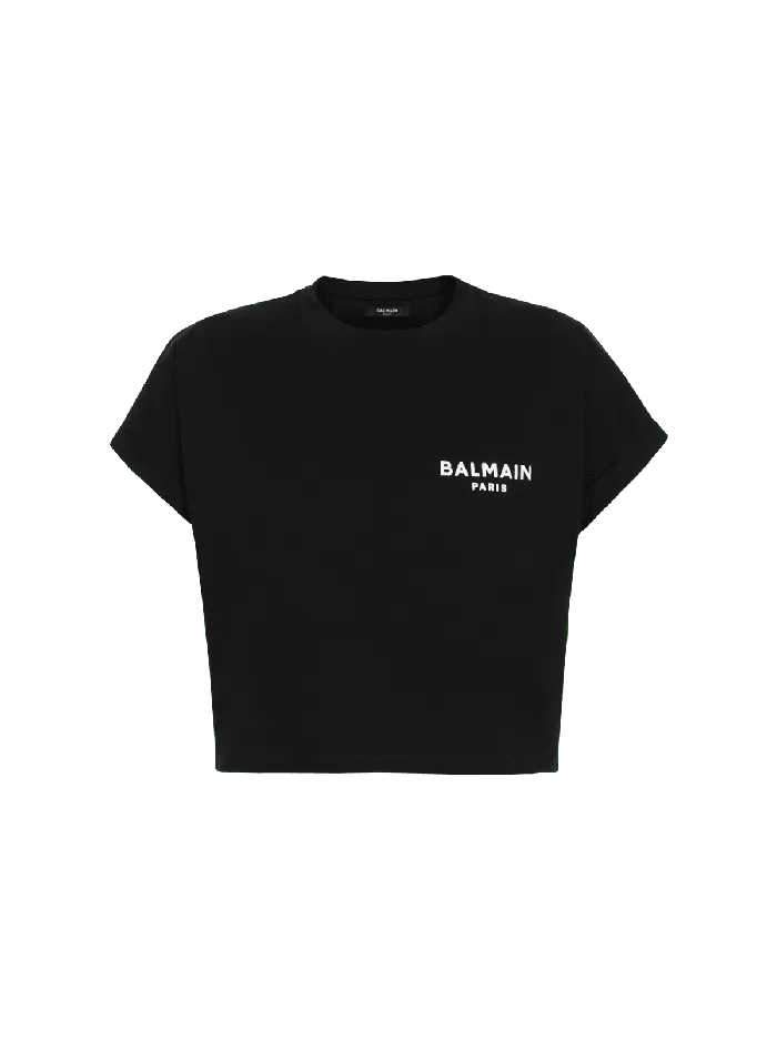 Balmain TShirts Women Cropped Ecodesigned Cotton Tshirt With Small Flocked Logo Black