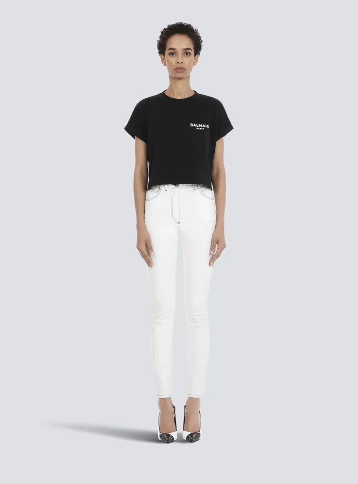Balmain TShirts Women Cropped Ecodesigned Cotton Tshirt With Small Flocked Logo Black