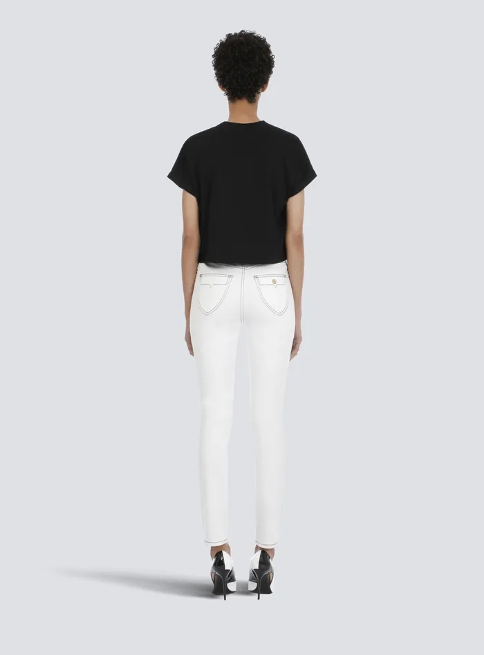 Balmain TShirts Women Cropped Ecodesigned Cotton Tshirt With Small Flocked Logo Black