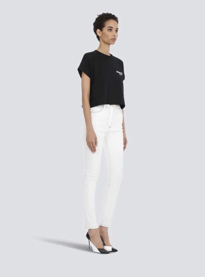 Balmain TShirts Women Cropped Ecodesigned Cotton Tshirt With Small Flocked Logo Black