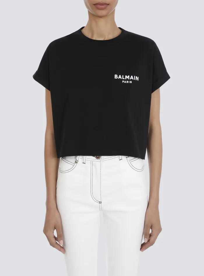 Balmain TShirts Women Cropped Ecodesigned Cotton Tshirt With Small Flocked Logo Black