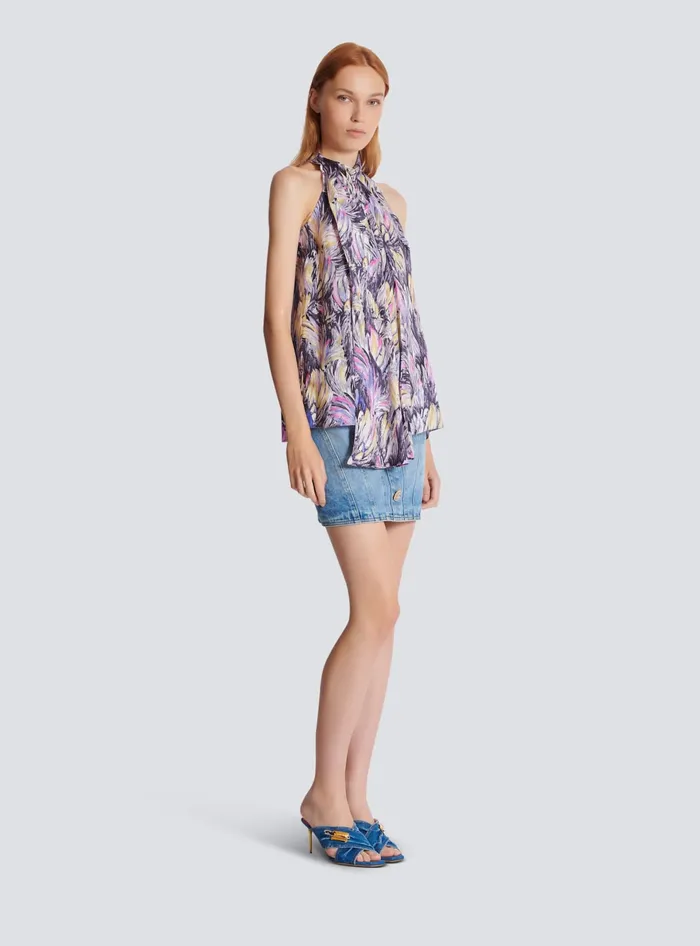 Balmain Tops And Shirts Women Pussybow Top With Feather Print Multicolor