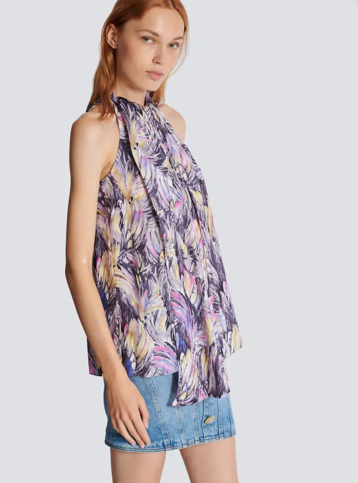 Balmain Tops And Shirts Women Pussybow Top With Feather Print Multicolor