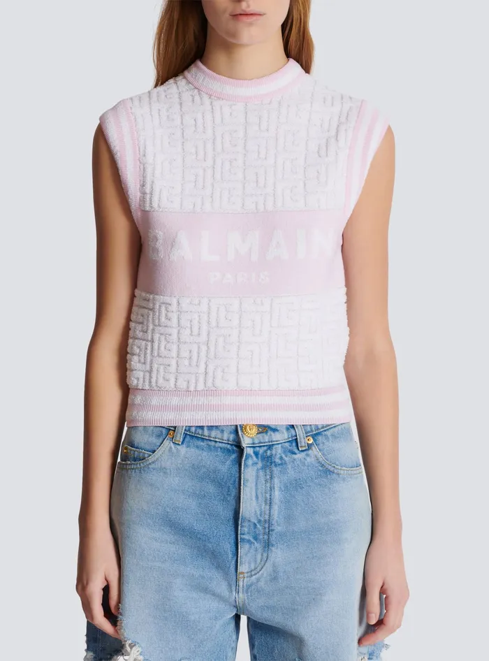 Balmain Tops And Shirts Women Sleeveless Monogram Knit Top Pink