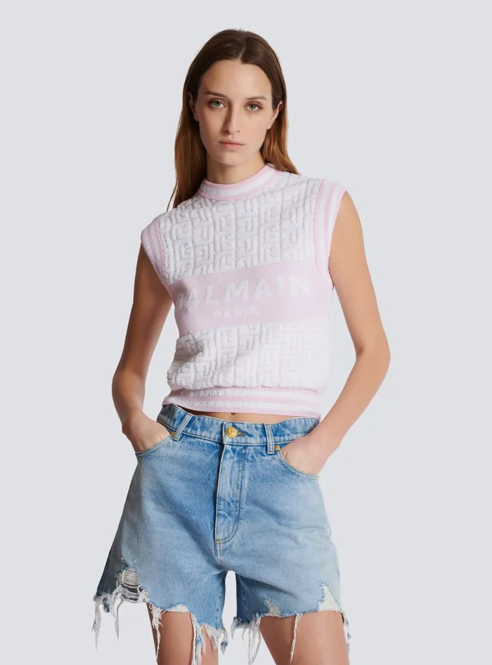 Balmain Tops And Shirts Women Sleeveless Monogram Knit Top Pink