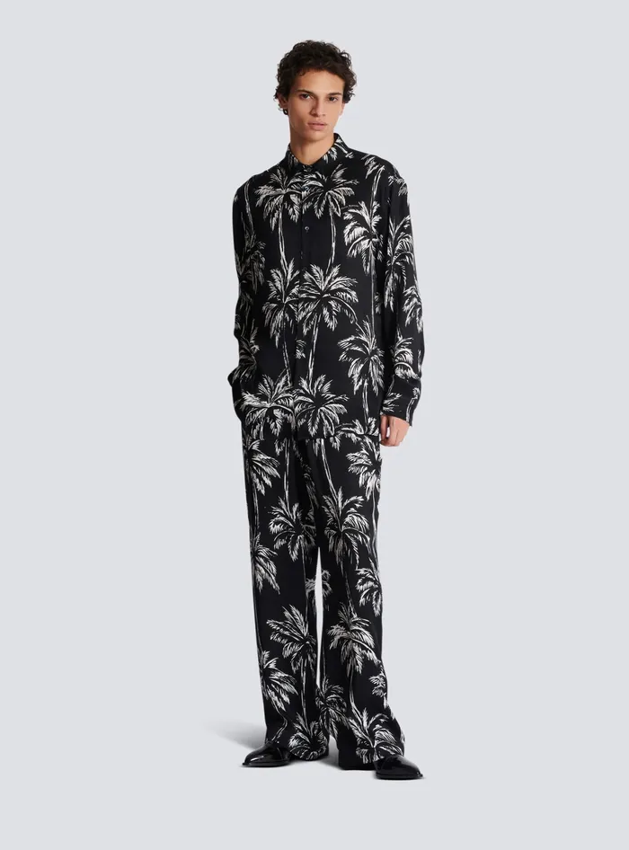 Balmain Trousers And Shorts Men Palm Print Satin Pyjama Trousers Black