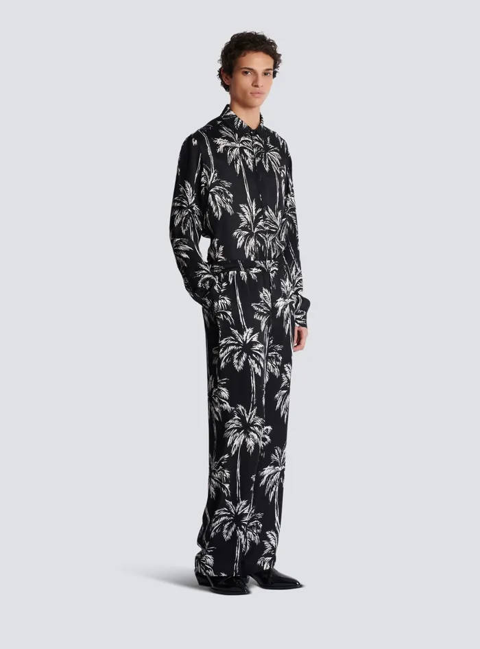 Balmain Trousers And Shorts Men Palm Print Satin Pyjama Trousers Black