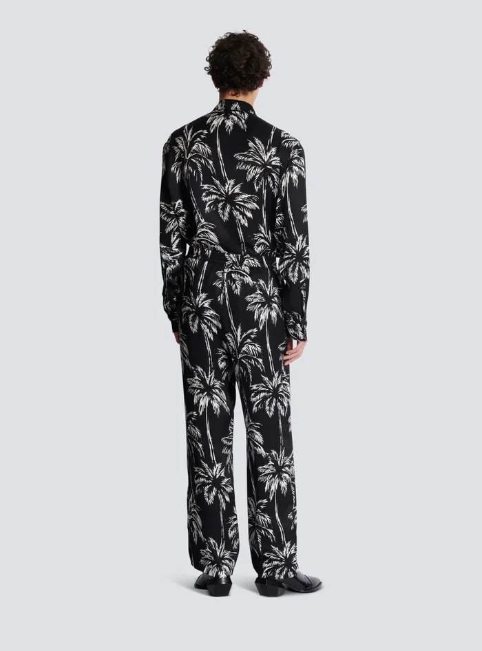 Balmain Trousers And Shorts Men Palm Print Satin Pyjama Trousers Black