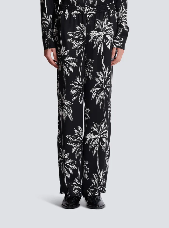 Balmain Trousers And Shorts Men Palm Print Satin Pyjama Trousers Black