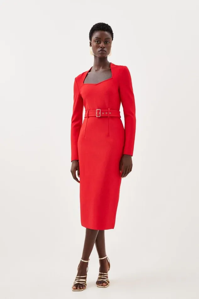 Bandage Figure Form Knit Belted Midi Dress Red Women Karen Millen Dresses