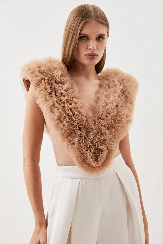 Bandage Figure Form Knit Flower Detail Bodysuit Nude Women Karen Millen Tops