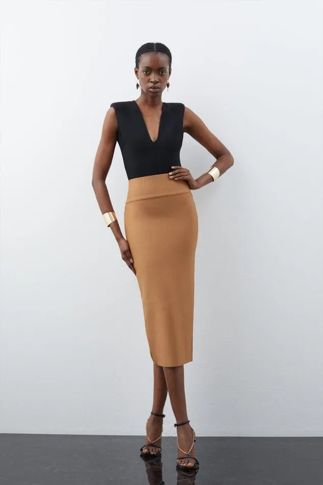 Bandage Form Fitting Knit Midi Skirt Camel Women Karen Millen Dresses