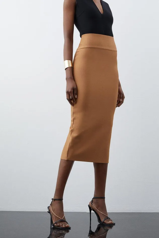 Bandage Form Fitting Knit Midi Skirt Camel Women Karen Millen Dresses