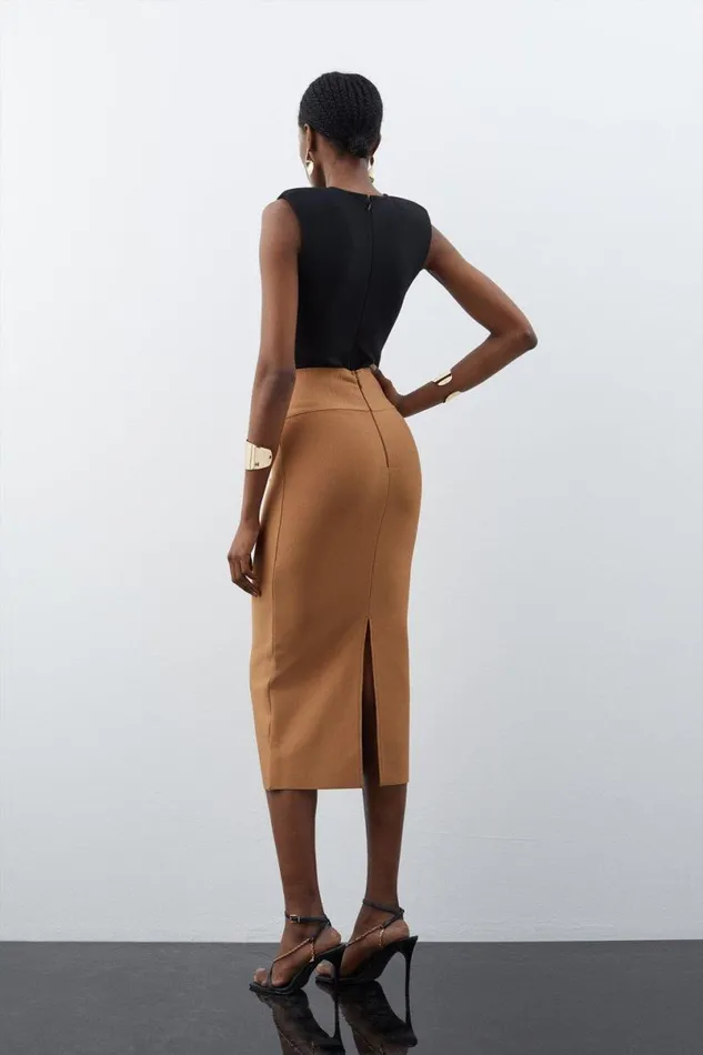 Bandage Form Fitting Knit Midi Skirt Camel Women Karen Millen Dresses
