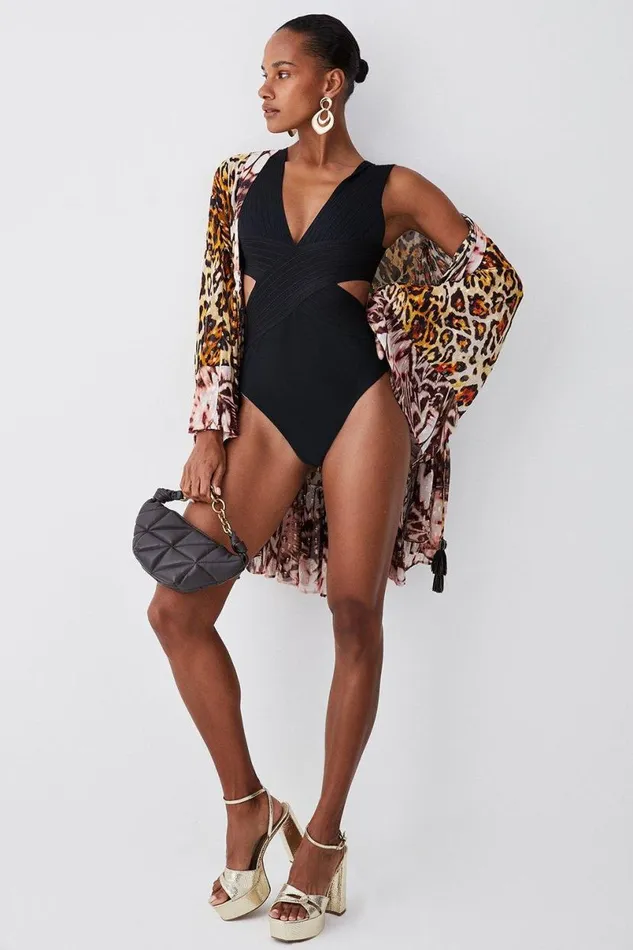 Bandage Textured V Neck Swimsuit Black Women Karen Millen Swimwear