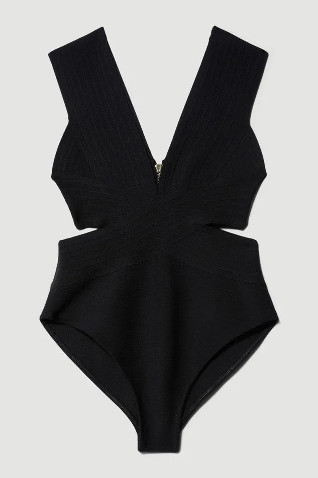 Bandage Textured V Neck Swimsuit Black Women Karen Millen Swimwear