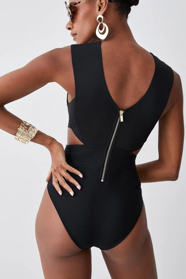Bandage Textured V Neck Swimsuit Black Women Karen Millen Swimwear