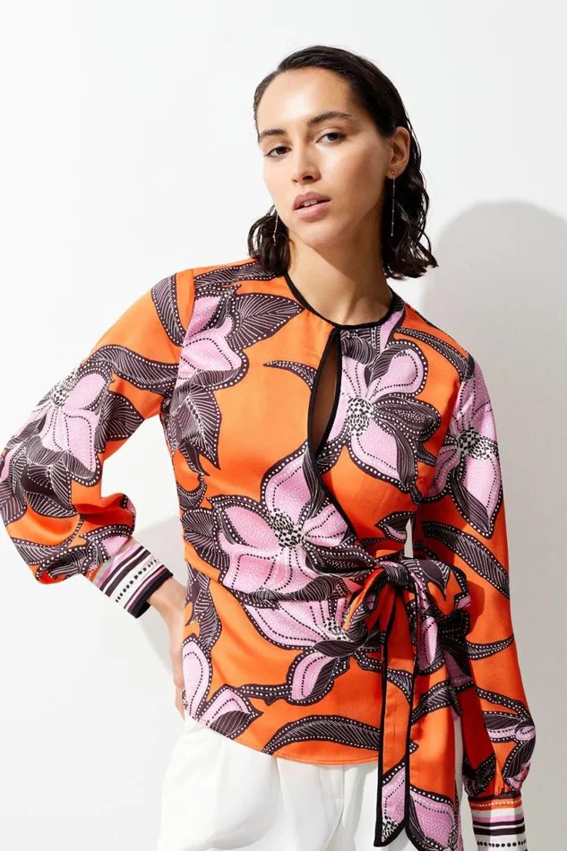 Batik Floral Placed Hammered Satin Wrap Top Orange Women Karen Millen Tops