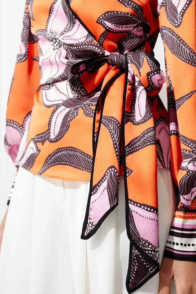 Batik Floral Placed Hammered Satin Wrap Top Orange Women Karen Millen Tops